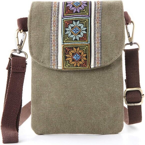 Vintage Embroidered Canvas Flip Small Crossbody Bag Cell Phone Pouch for Women W - Picture 1 of 7